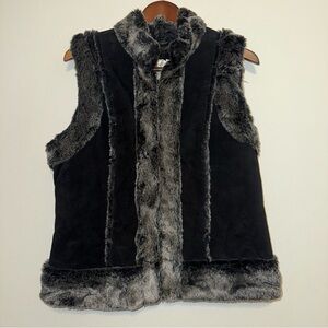 Live A Little 100% Leather Vest With Faux Fur Lining & Trim Size XL Black/Gray